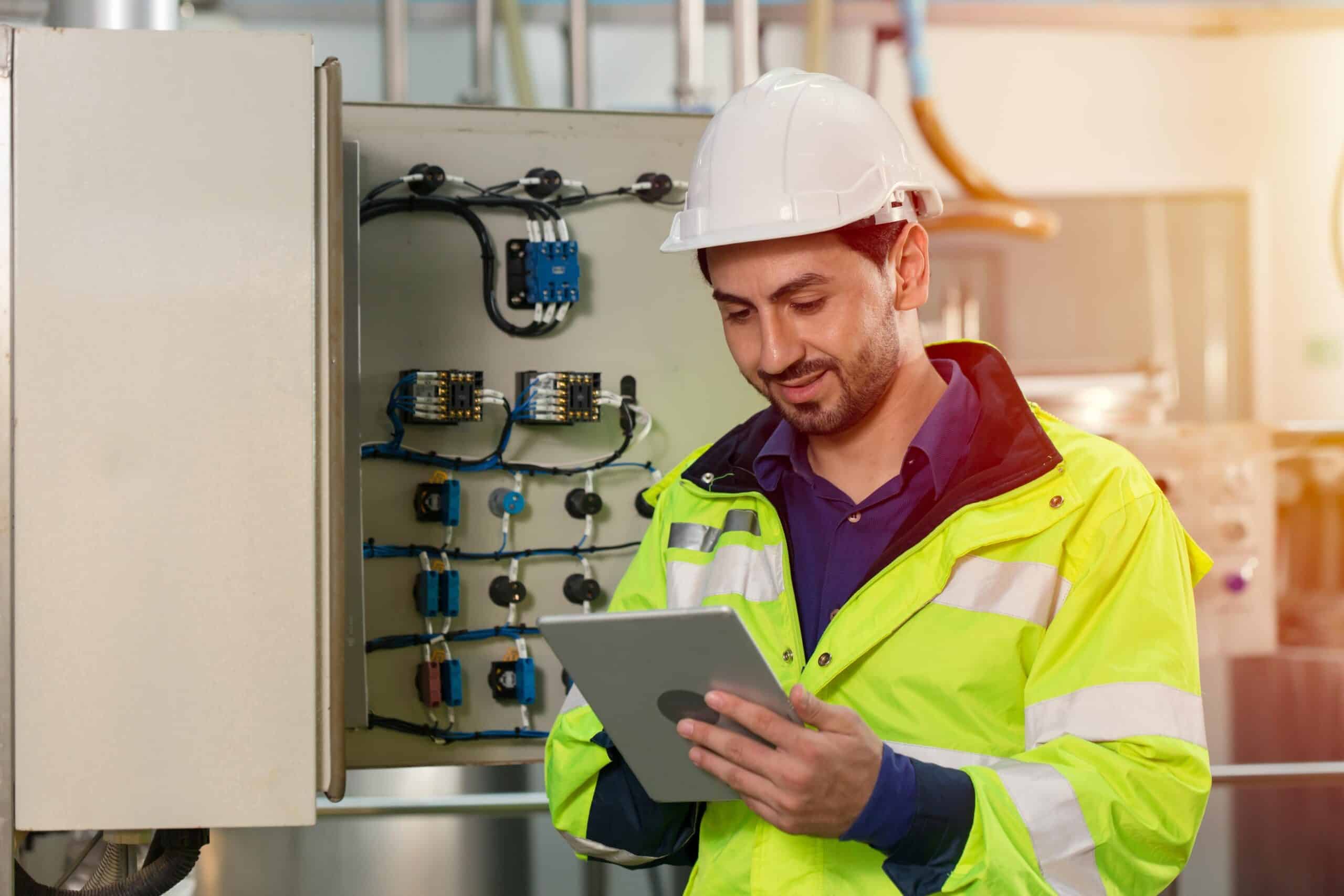 technik obsługuje system zarządzania energią w firmie produkcyjnej